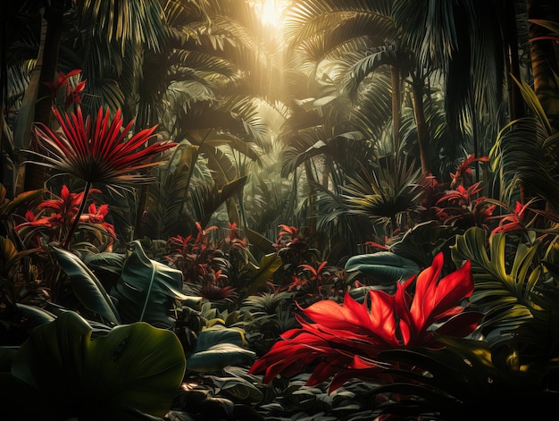 Фото Красивые красные джунгли из пышных пальмовых листьев