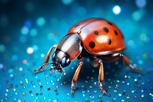 Photo beautiful red ladybug on blue background with bokeh effect