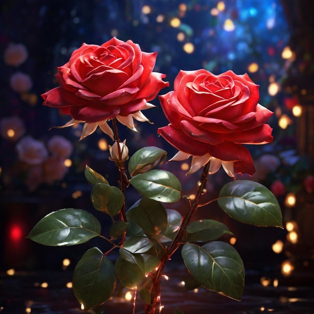 A Beautiful Red Magical Jasmine Rose with magical lights in the background