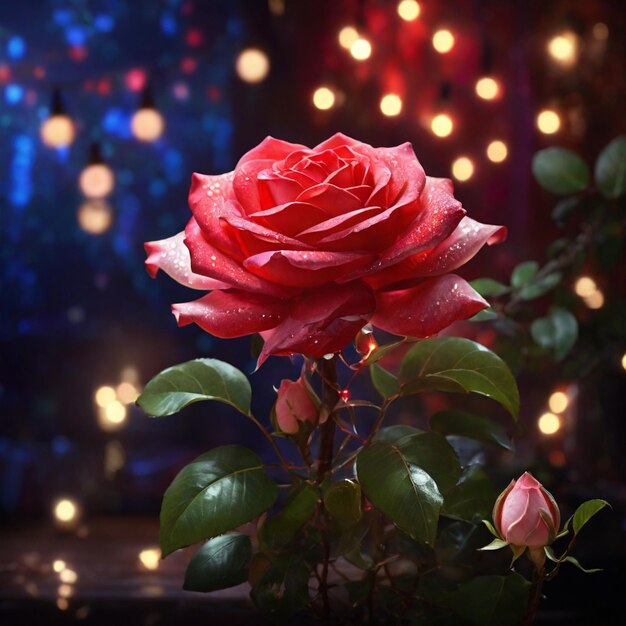 Photo a beautiful red magical jasmine rose with magical lights in the background