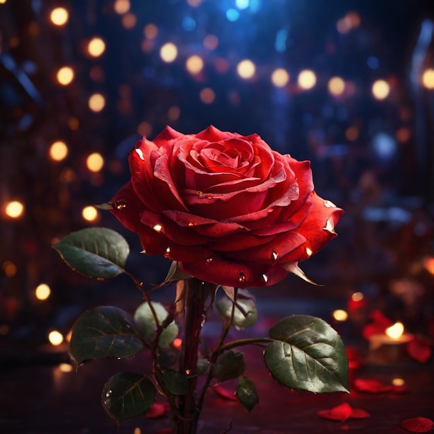 Красивая красная волшебная роза с волшебными огнями на заднем плане