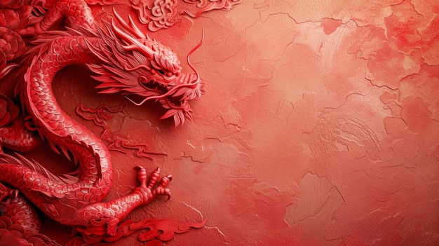 Photo beautiful red minimalistic background with chinese red dragon on the left