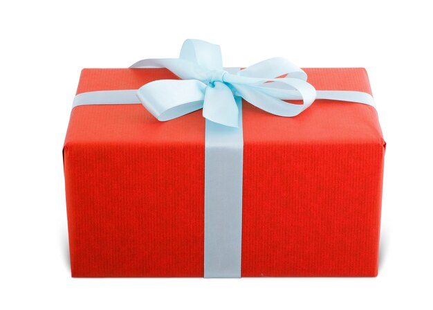 Beautiful red ribbon wrapping of gift box isolated