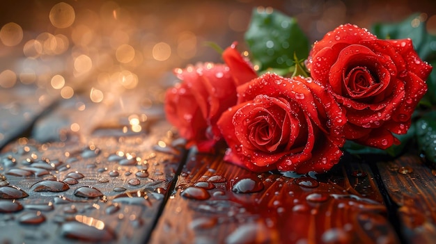 Beautiful red romantic roses with water drops on the petals lie on a wooden surface love background