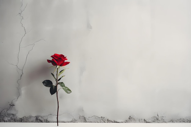 A beautiful red rose against a broken white wall