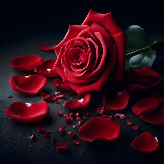 Photo beautiful red rose on a black background with water drops and petals ai generated