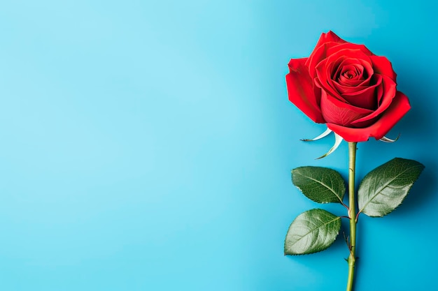 beautiful red rose on blue background Copy space