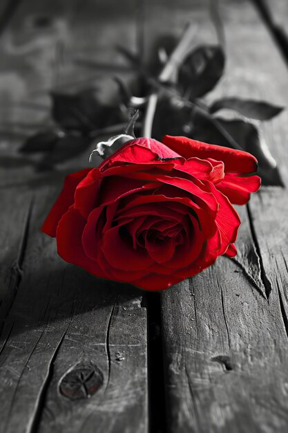 黒と白の田舎の木製のテーブルに美しい赤いバラ