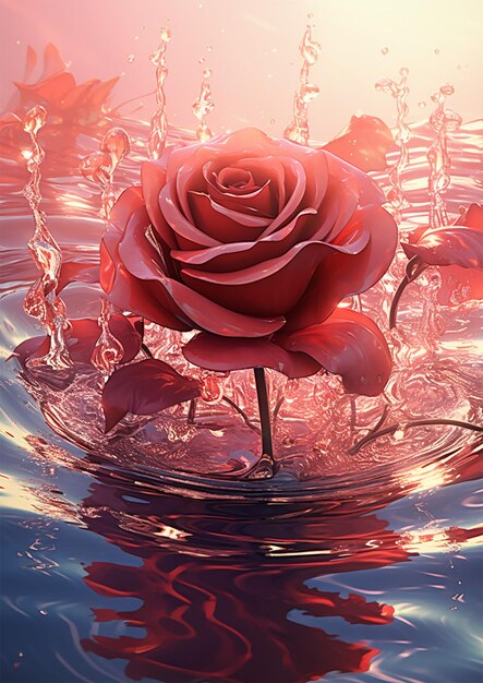 Beautiful red rose on the water's surface Ai generated