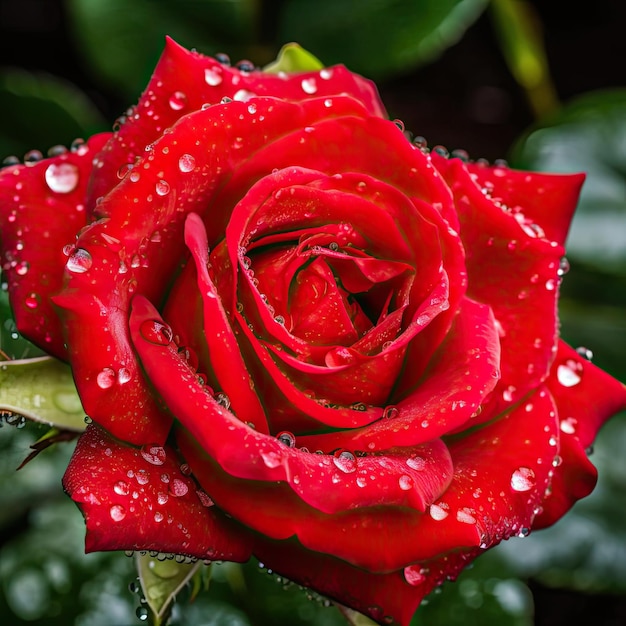 Beautiful red rose with dew drops closeup macro shot