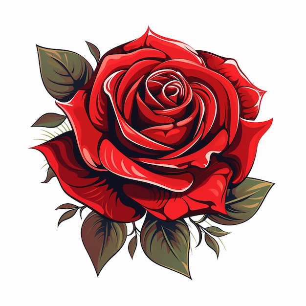 Beautiful red rose with leaves isolated on white background Vector illustration