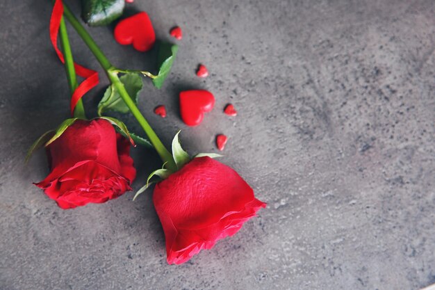 Beautiful red rose with small hearts on grey textured background