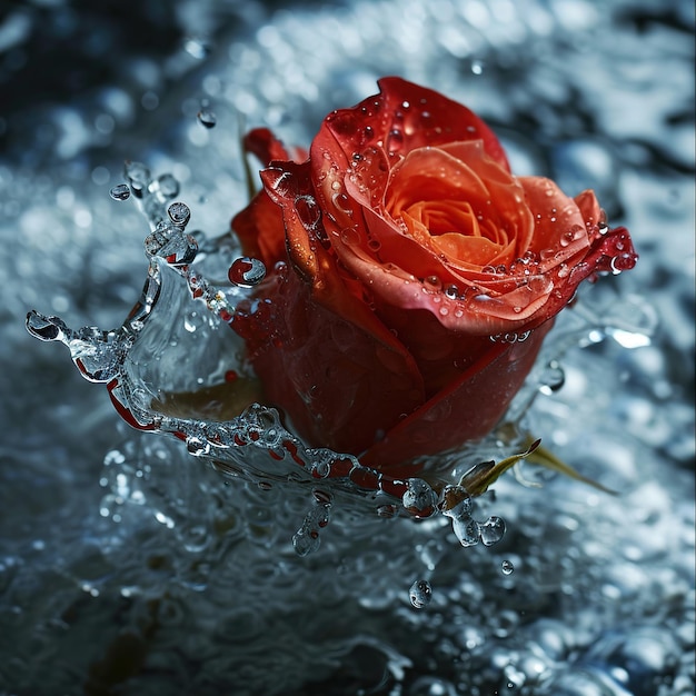 Beautiful red rose with water drops on a dark blue background