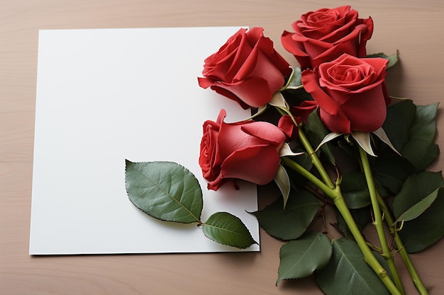 Beautiful red roses and blank card on wooden background top view