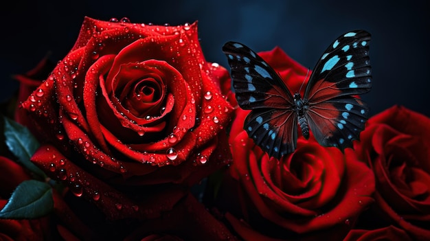 Photo beautiful red roses and a butterfly on a dark background closeup generative ai