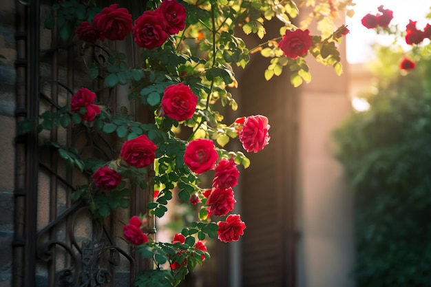 Beautiful red roses in the garden at sunset Selective focus Generative AI