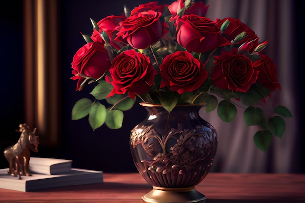 Beautiful red roses in vase Generative AIxA