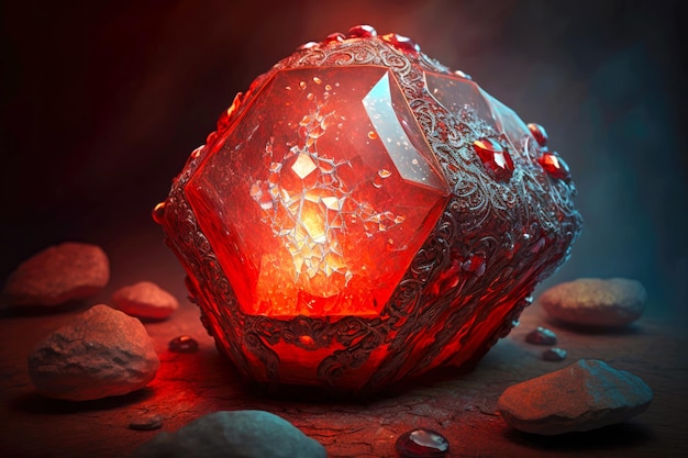 Beautiful red stone with inner glow and crystals in illumination of flashlight