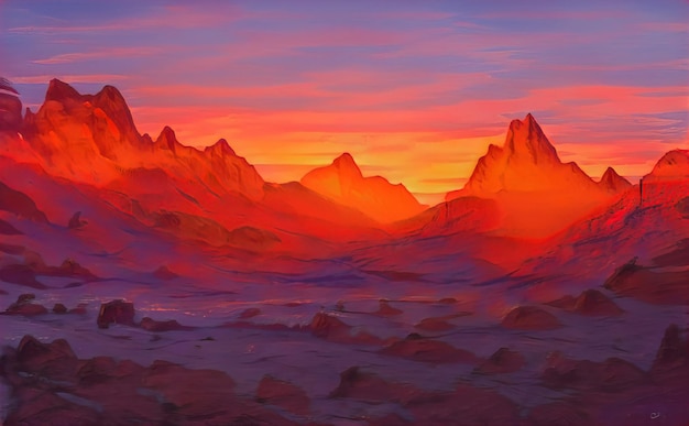 beautiful red sunset in mountains fabulous view of evening sky view of peaks mountains is unreal beauty sunset sky is reflected on slopes of mountains