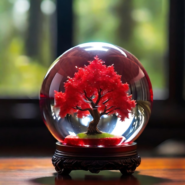 a beautiful red tree inside a crystal ball sunlight A beautiful landscape AI