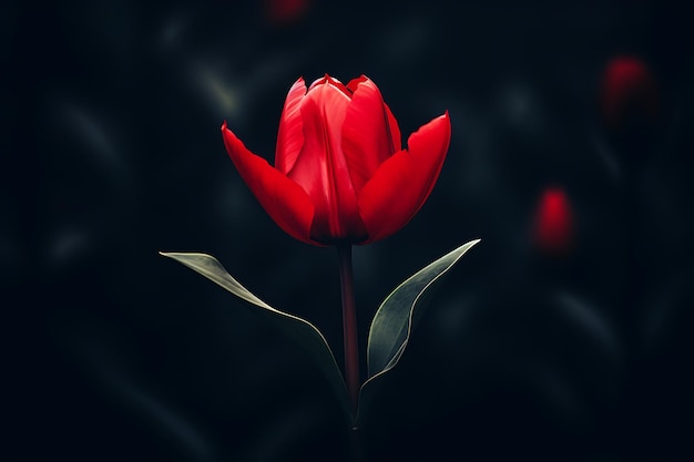 Beautiful red tulip on a dark background toned