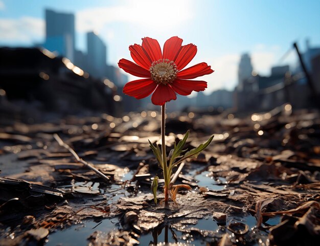 Foto un bellissimo fiore selvatico rosso che cresce nelle rovine di una città