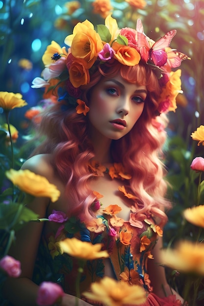 Фото Красивая красновато-золотая фея летняя девушка в окружении красочных цветов и листьев