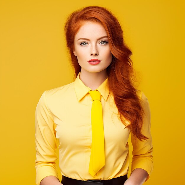 Beautiful redhaired businesswoman on yellow background