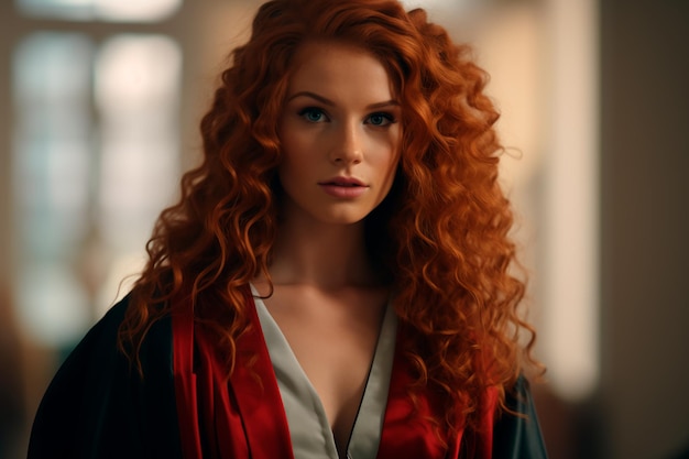 A beautiful redhaired curly female student in a bachelor's robe AI Generated