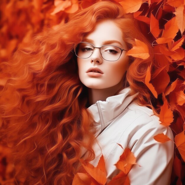 Beautiful redhaired girl against the background of autumn leaves