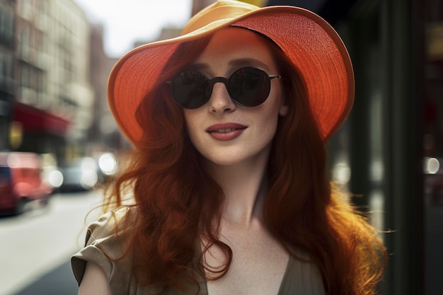 Beautiful redhaired girl in her 20s in a hat and sunglasses in a fashionable dress on the streets of new york in sunlight