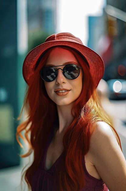 햇빛 아래 뉴욕의 거리에서 세련된 드레스를 입고 모자와 선글라스를 쓴 20대 아름다운 빨간 머리 소녀