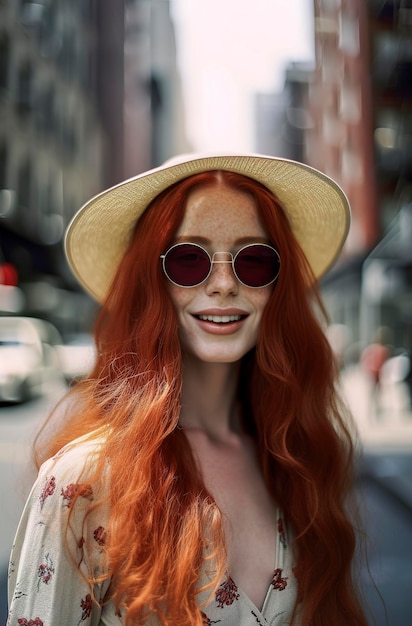 Beautiful redhaired girl in her 20s in a hat and sunglasses in a fashionable dress on the streets of new york in sunlight