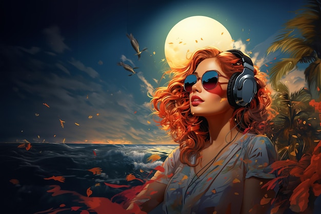 Photo beautiful redhaired girl with headphones and sunglasses oil painting style generative ai image