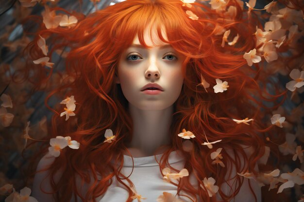 Beautiful redhaired girl with long curly hair and petals