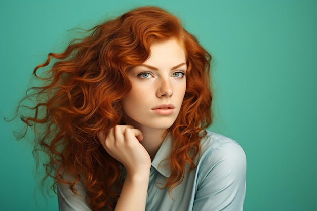 Beautiful redhaired woman against green background portrait with copy space for text