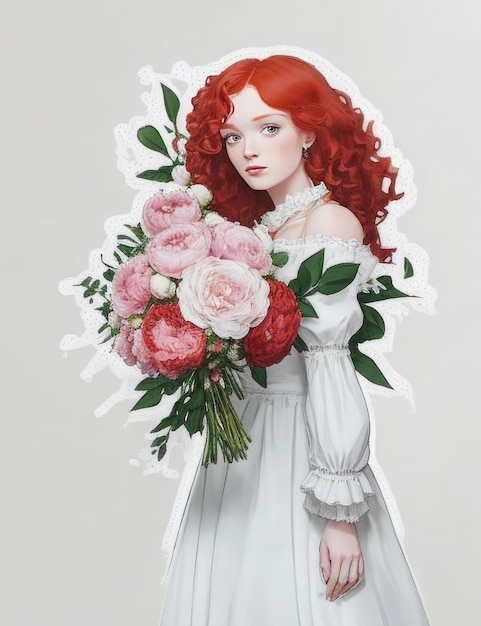 Beautiful redhaired woman in a white dress with a bouquet of flowers
