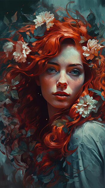 Beautiful redhaired woman with white flowers in hair