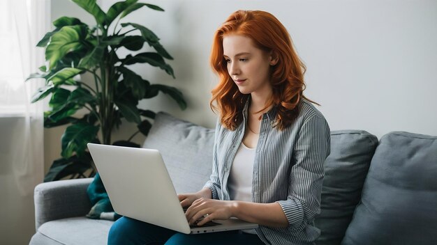 Photo beautiful redhaired woman working online using laptop sitting on comfortable grey couch