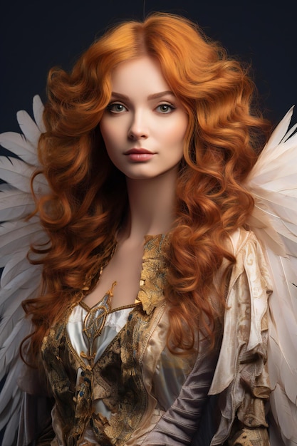 Beautiful redhead girl with angel wings Portrait of a beautiful woman