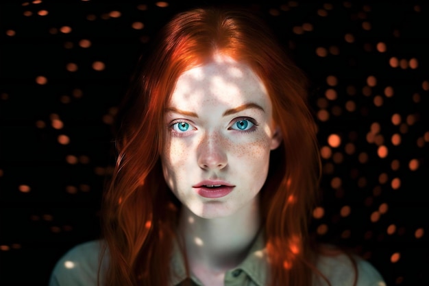 Beautiful redhead girl with blue eyes looking at camera over black background