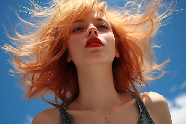 Beautiful redhead girl with flying hair on blue sky background