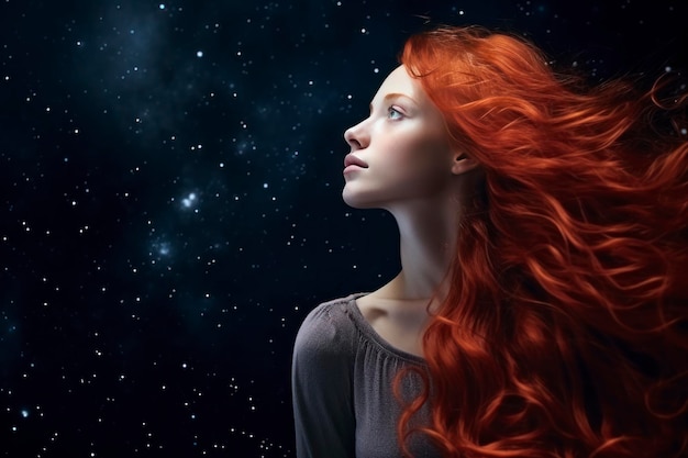 Beautiful redhead hair background copy space cosmos style