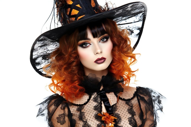 Красивая рыжая ведьма в черном платье и шляпе Хэллоуин