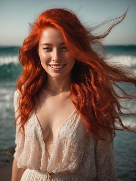 Photo beautiful redhead woman enjoying the breeze on the beach