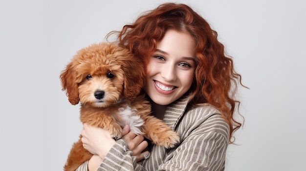 Foto bella donna dai capelli rossi che tiene un cucciolo in braccio su uno sfondo bianco