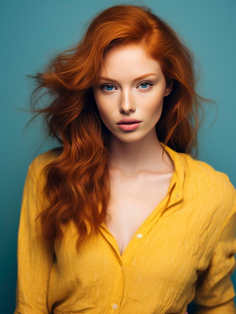 Beautiful redhead woman model posing on vivid background