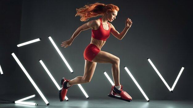 Photo beautiful redhead woman in a red sportswear jumping in a kangoo jumps shoes on dark studio backgrou