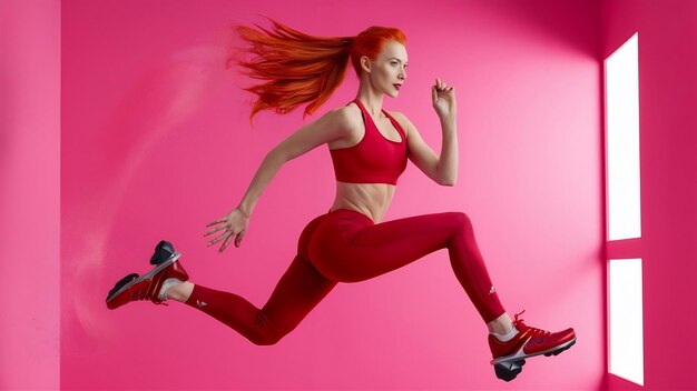 Photo beautiful redhead woman in a red sportswear jumping in a kangoo jumps shoes on pink studio backgrou