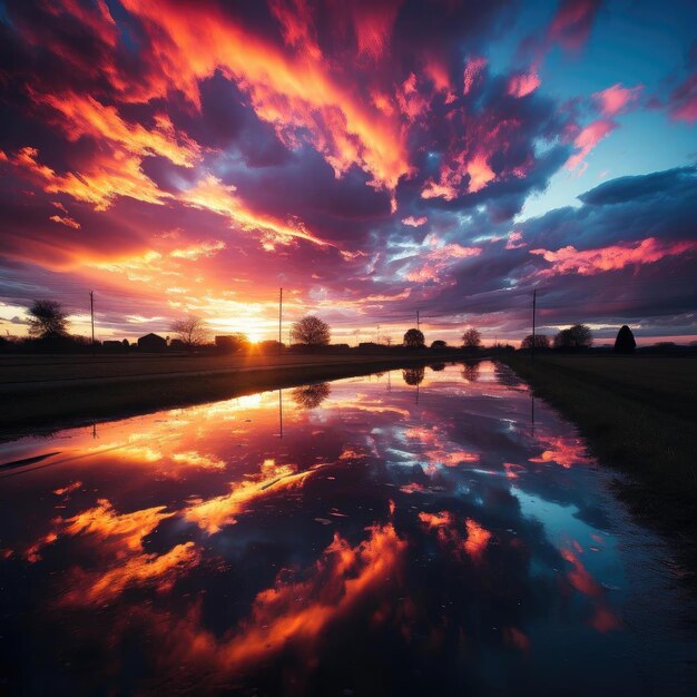 Beautiful reflection of colorful clouds in a pond